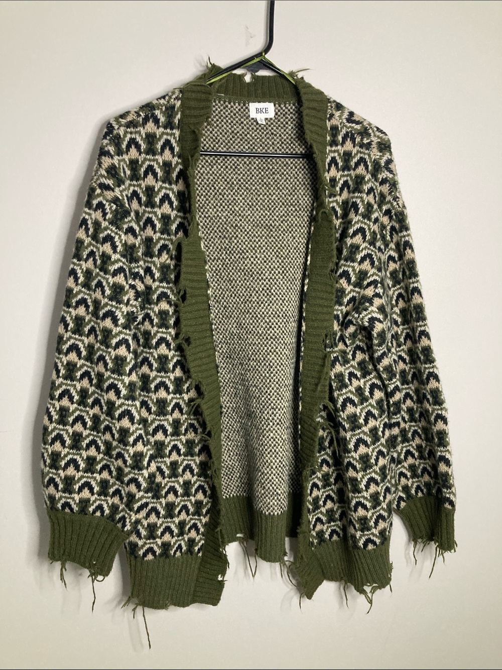 BKE Olive Patterned Open-Front Cardigan with Cream and Black Accents